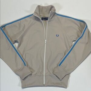 Fred Perry Track Jacket Beige Blue Stripe Zip Up Womens US 4 UK 8